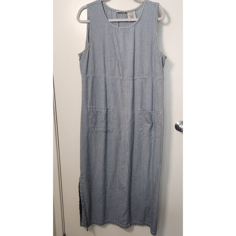 Vtg Faded Glory XL 100% Cotton Gingham Midi Dress Sleeveless Pockets Side Slits